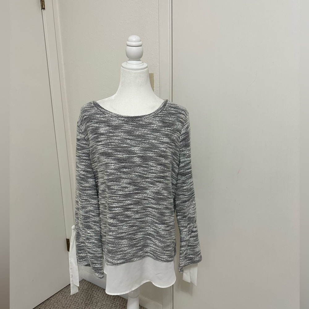 Simply vera tunic mixed material pullover sweater ruffled sleeve office blouse L